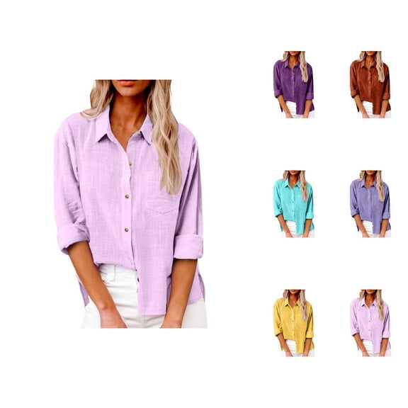 blouses for women womens blouses dressy casual 2 pack blouses women basics Women Spring And SSummer Solid Color Lapel Long Sleeved Shirt With Pockets Snd Side Slits Casual Shirt