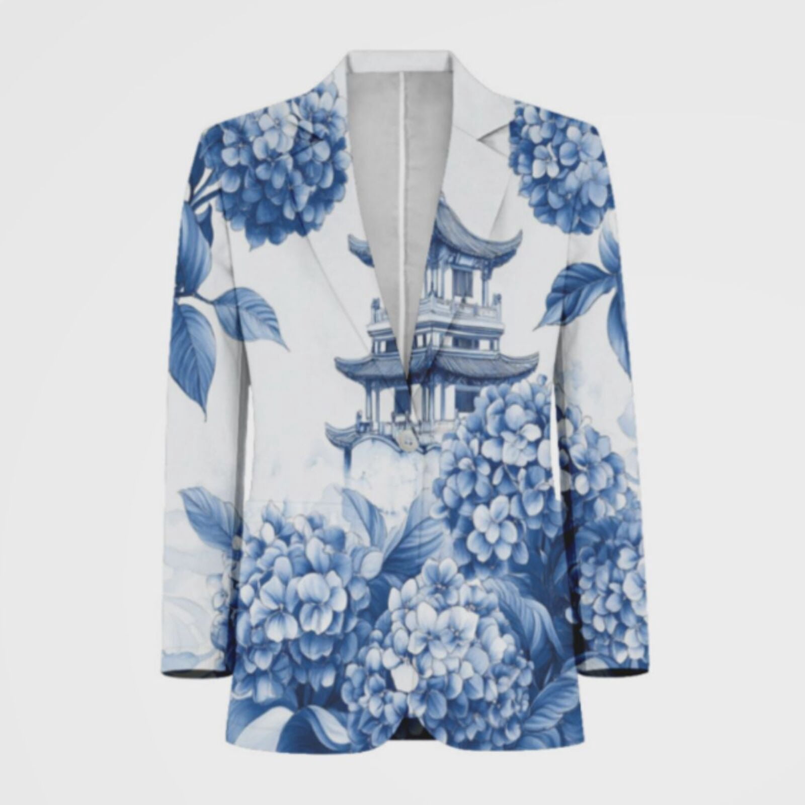 Hydrangea Patterned Jacket blue Chinoiserie Toile Hydrangea-01 Men Blazers Slim Clothing Summer ...