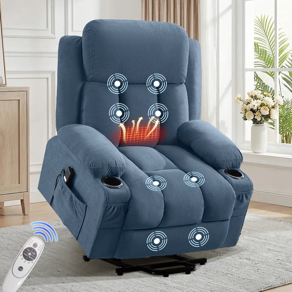 blue Power Lift Recliner Chair with Heat and Massage Electric Fabric Recliner Chair for Elderly with Side Pocket, USB Charge Port, Remote Control
