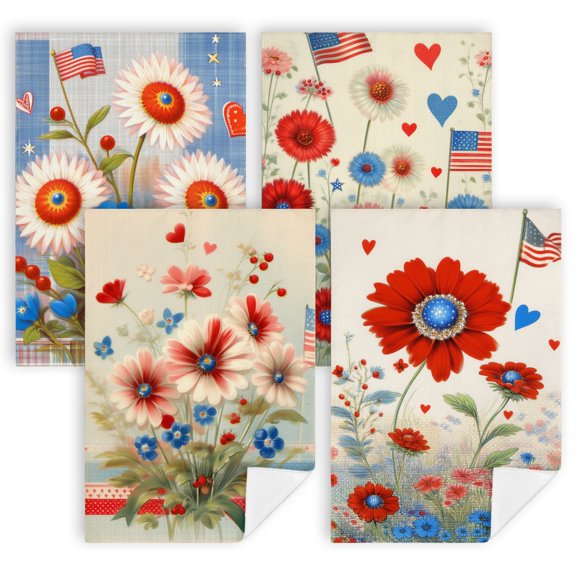 blue and white kitchen towels A painting of flowers and an american flag on a blue background kitchen gift 4 Piece Set 16x24" 4of july decorations