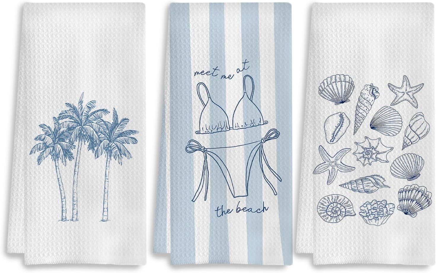 blue beach kitchen towels, tropical palm tree seashell coastal dish tea ...