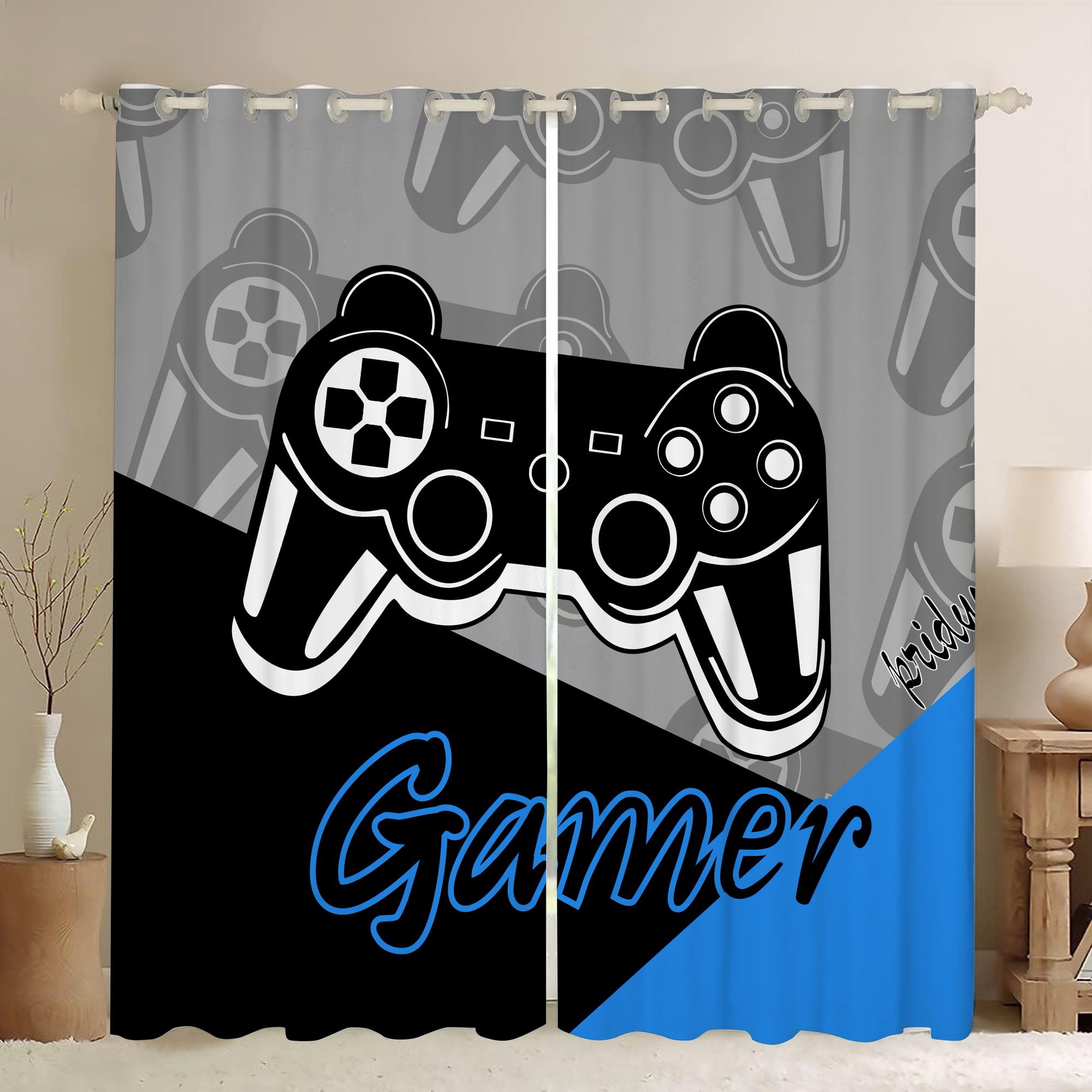 Psoiuetr Gamepad Blackout Curtains Teens Boys Kids Gaming Video Game Room Bedroom Living Room Decor Darkening Window Treatments Drapes Grommet Blue Black 2 Panel 52" W x 63" L