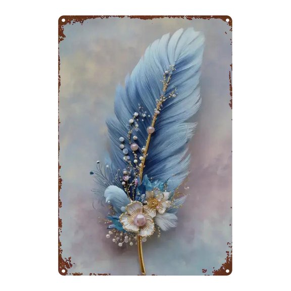 A blue feather and white pearl-bead metal wall plaque - a vintage turquoise feather fan-shaped wrought iron plaque, perfect for decorating homes, bars, garages, clubs, restaurants, and cafes.