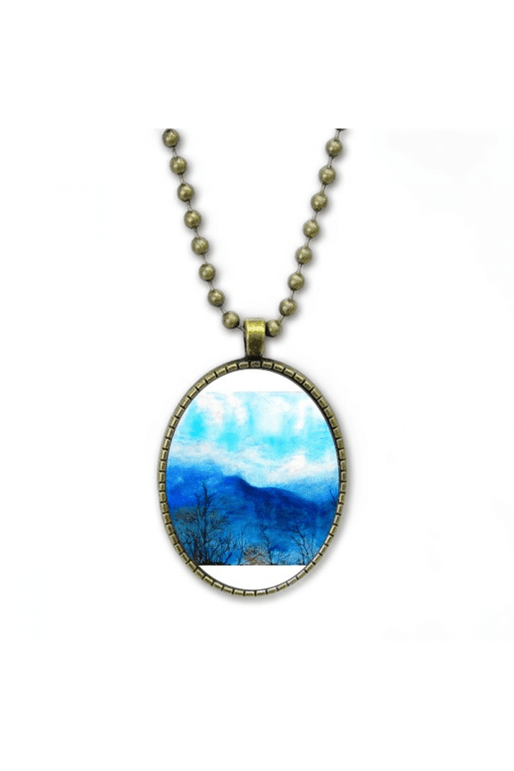 blue mountain painting art necklace vintage chain bead pendant jewelry collection