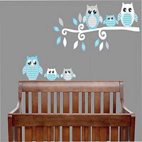 blue owl wall decals / owl stickers / owl nursery wall decor (grey and blue owl wall decals)