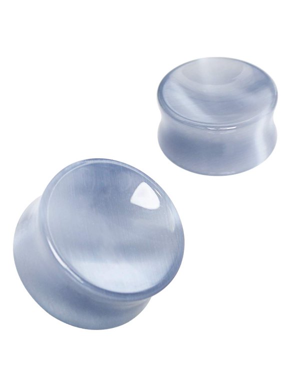 Pair of 2 GAUGE Light Gray Cat Eyes Concave Stone Saddle Plug Double Flare Ear Lobe E606
