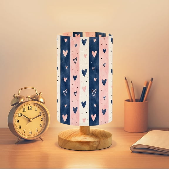 blue pink Stripes Hearts Bedside Table Lamp for Bedroom 16 Color Dimmable Small Desk Lamp Pink Navy White whimsical Nursery Nightstand Lamp with Remote Wooden Base Linen Shade for Gift