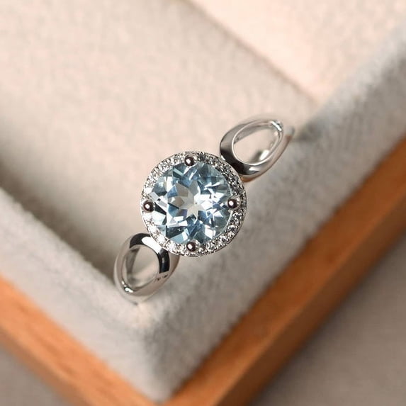blue promise rings, natural aquamarine rings, round cut gemstone, silver rings, March birthstone, halo rings