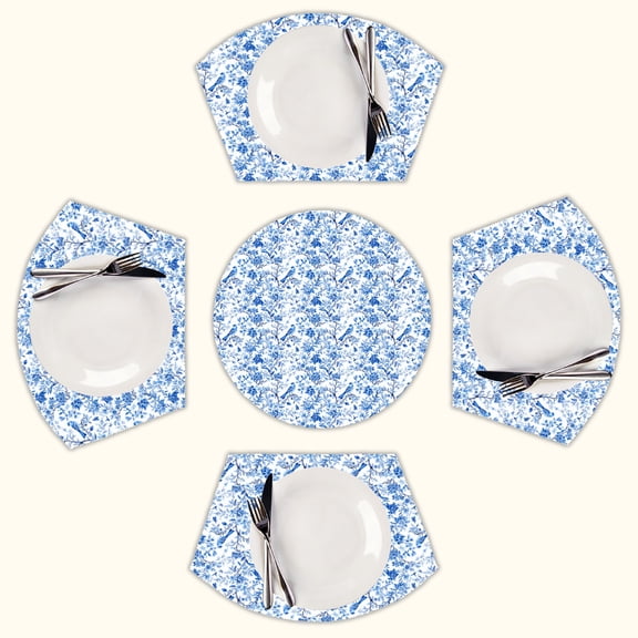 blue and white Toile de Jouy flower bird Round Table Placemats Set Of 5 Wedge Table Mats Washable Heat Resistant Place Mat For Dining Table Kitchen Farmhouse Restaurant