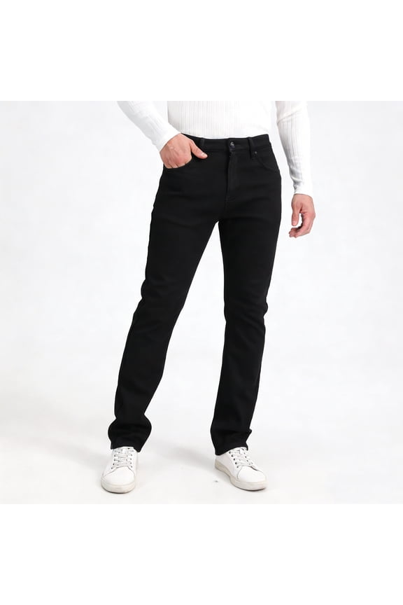 Men's Straight Jeans Fleece Lined, Warm Black Stretch Denim Trousers for Winter