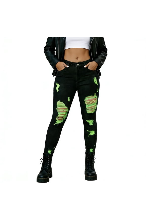 Women's High-Rise Stretch Shaping Jeans Distressed Green Stripe Butt-Lifting Skinny Denim Pants