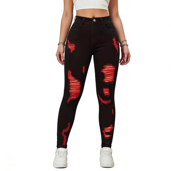 blukraf Women's High-Waisted Stretchy Skinny Jeans Distressed Red Stripe Butt-Lifting Denim Pants