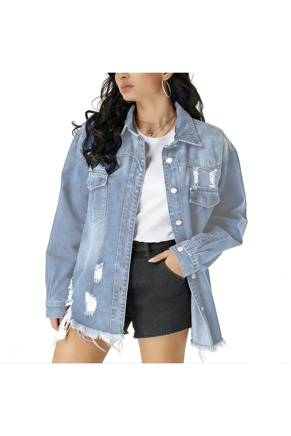 Women's Plus Size Relaxed Fit Vintage Light Blue Distressed Ripped Frayed Hem Denim Jacket with Pockets Streetwea