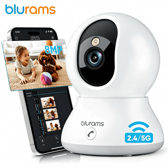 blurams 8MP Indoor PTZ Camera Works As A Baby And Pet Monitor With Phone App Access, One-Touch Call, AI Detection For Human/Pet/Motion/Sound/Cry, Dual-Band Wi-Fi 6, And Alexa Compatibility.
