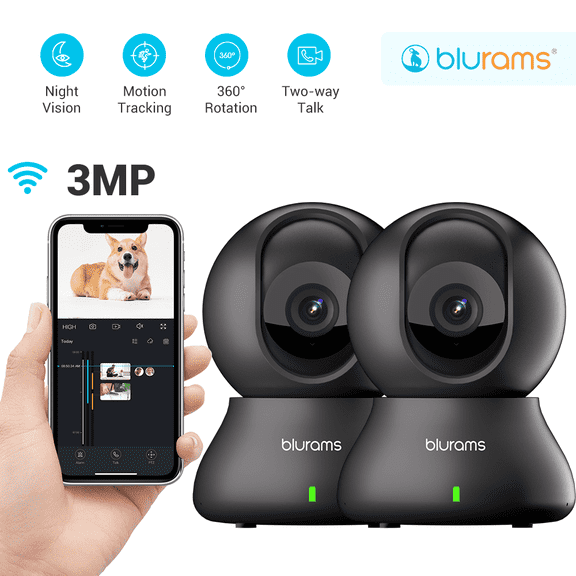 blurams Security Camera 2K, Indoor Pet Monitor Dog Camera 360-degree, Baby Monitor Camera, Home Security Motion Tracking with 2-Way Audio, Night Vision, Works with Google Assistant and Alexa, 2PCS