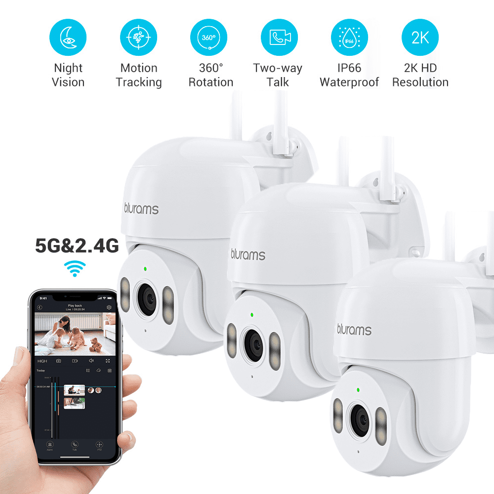 blurams Security Camera Outdoor Wired, 2K IP66 2.4GHz WiFi Camera 360° PTZ for House Security, Color Night Vision, Motion/Sound Detection, 2-Way Talk, Siren, Cloud&Memory Card, Works with Alexa, 3PC