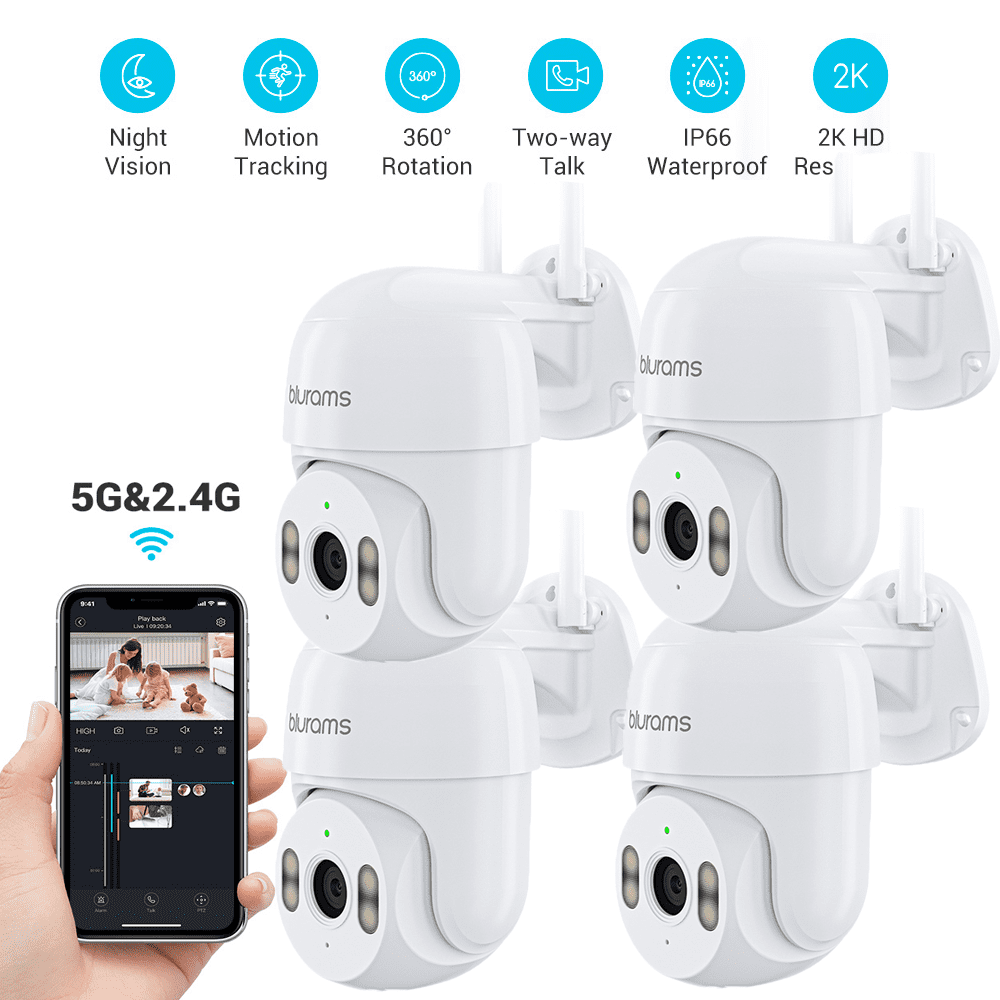 blurams Security Camera Outdoor Wired, 2K IP66 2.4GHz WiFi Camera 360° PTZ for House Security, Color Night Vision, Motion/Sound Detection, 2-Way Talk, Siren, Cloud&Memory Card, Works with Alexa, 4PC
