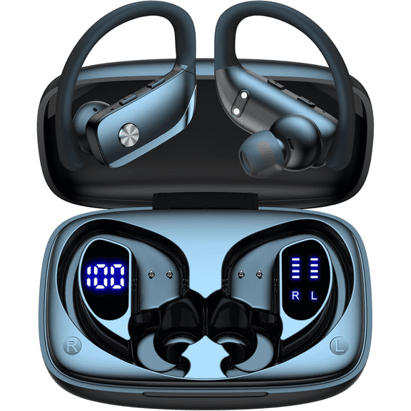 bmani Ear Buds Wireless Earbuds Bluetooth Headphones with 80H Playtime LED Display Case, Over-Ear Hook with Mic, Stereo Sound, Easy Button Controls, Sports Earphones for Running Workout Gym Black