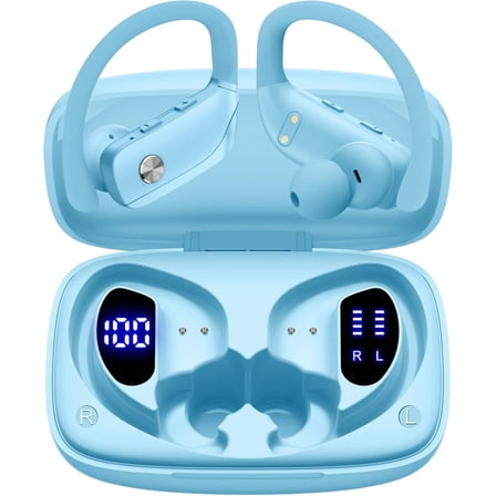 bmani Ear Buds Wireless Earbuds Bluetooth Headphones with 80H Playtime LED Display Case, Over-Ear Hook with Mic, Stereo Sound, Easy Button Controls, Sports Earphones for Running Workout Sky Blue