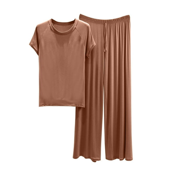 bnaln 2 Piece Outfits Womens Pajama Sets Round Neck Short Sleeve Top & Wide Leg Pajama Pants Lounge Sets Summer Casual T-Shirts Baggy Trousers Matching Suits Sleepwear Homewear