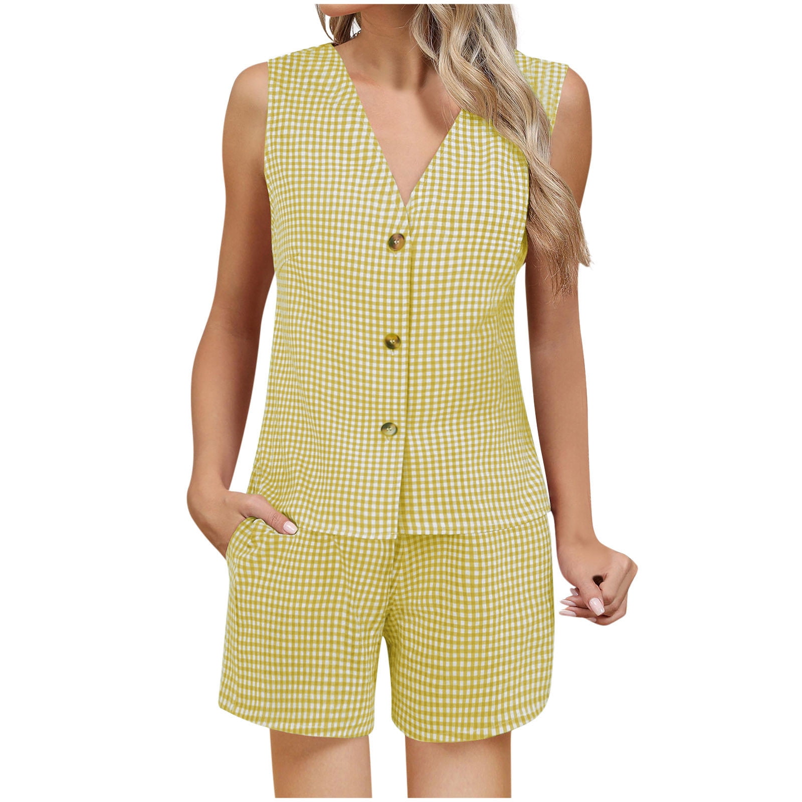 Plaid Snap Down Long Sleeve Top and Shorts Lounge Set main image 1