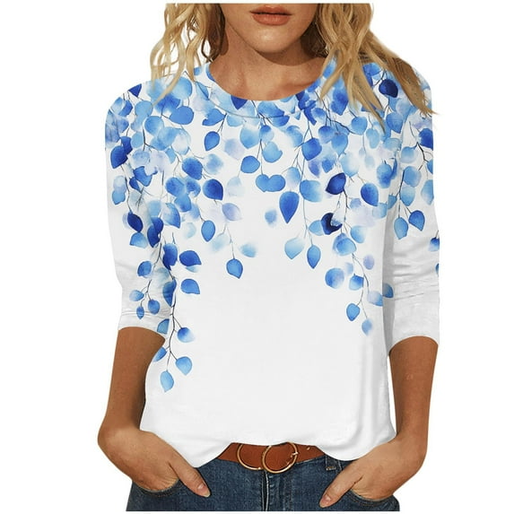 bnaln 3/4 Length Sleeve Womens Tops Crew Neck Floral Boho Shirts Elegant Tunic Tops Summer T-Shirts Casual Dressy Shirts Ladies Plus Size Tops Loose Fit Pullover Y2K Going Out Tops
