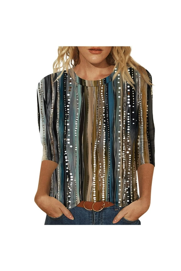 3/4 Length Sleeve Womens Tops Crew Neck Floral Boho Shirts Elegant Tunic Tops Summer T-Shirts Casual Dressy Shirts Ladies Plus Size Tops Loose Fit Pullover Y2K Going Out Tops