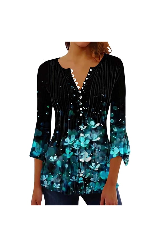 3/4 Length Sleeves Womens Tops Blouses for Women Dressy Casual Shirts V Neck Button Down Pleated Tshirts Boho Tops Ladies Elegant Tunic Blouse Loose Peasant Summer T-Shirts