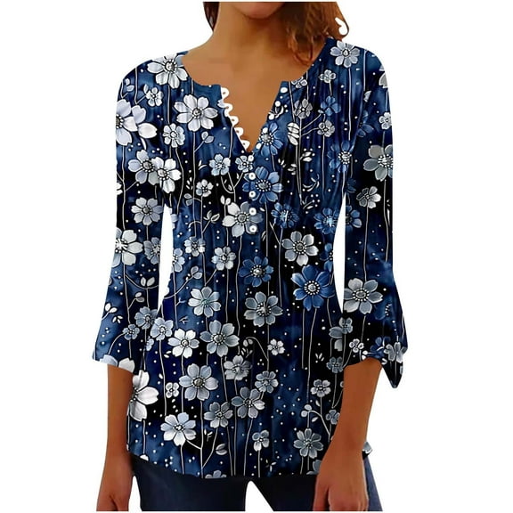 bnaln 3/4 Length Sleeves Womens Tops Blouses for Women Dressy Casual Shirts V Neck Button Down Pleated Tshirts Boho Tops Ladies Elegant Tunic Blouse Loose Peasant Summer T-Shirts
