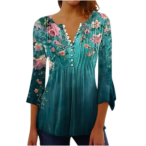 bnaln 3/4 Length Sleeves Womens Tops Blouses for Women Dressy Casual Shirts V Neck Button Down Pleated Tshirts Boho Tops Ladies Elegant Tunic Blouse Loose Peasant Summer T-Shirts