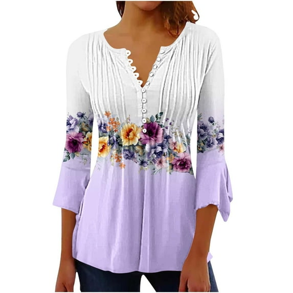 bnaln 3/4 Length Sleeves Womens Tops Blouses for Women Dressy Casual Shirts V Neck Button Down Pleated Tshirts Boho Tops Ladies Elegant Tunic Blouse Loose Peasant Summer T-Shirts