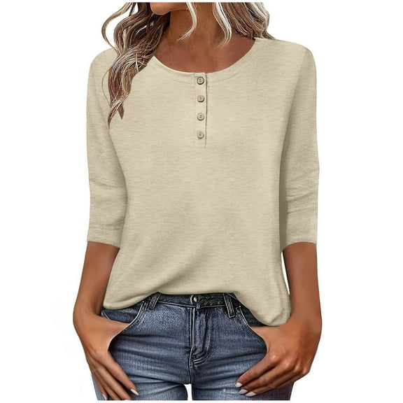 bnaln 3/4 Sleeve Tops for Women Vintage Crew Neck Button Blouses Dressy Casual Shirts Ladies Henley Shirts Tunic Tops Fall Lightweight Business Casual Blouses Work Clothes