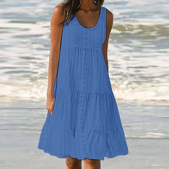 bnaln Beach Dresses for Women Casual Summer Sleeveless Sun Dress Embroidered Eyelet Short Sundress Loose Tiered Ruffle Swing Dress Ladies Boho Tunic Tank Dresses Holiday Party