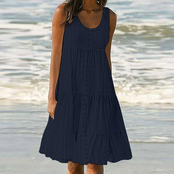 bnaln Beach Dresses for Women Casual Summer Sleeveless Sun Dress Embroidered Eyelet Short Sundress Loose Tiered Ruffle Swing Dress Ladies Boho Tunic Tank Dresses Holiday Party