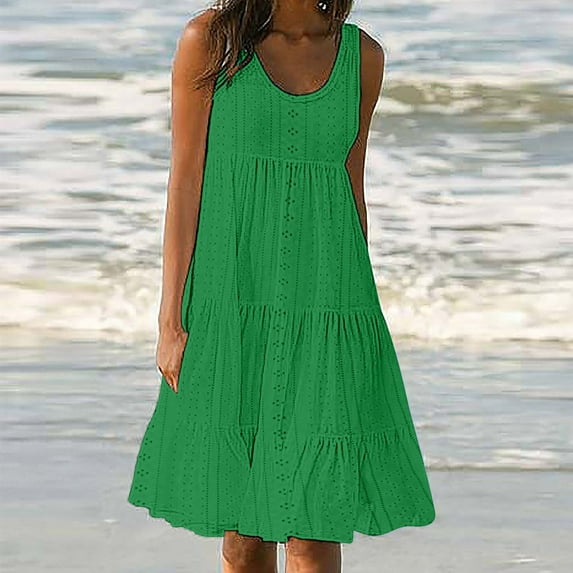 bnaln Beach Dresses for Women Casual Summer Sleeveless Sun Dress Embroidered Eyelet Short Sundress Loose Tiered Ruffle Swing Dress Ladies Boho Tunic Tank Dresses Holiday Party