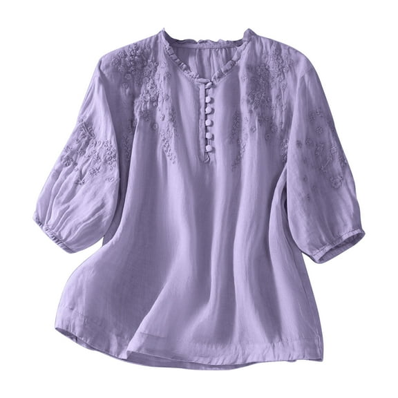 bnaln Blouses for Women Dressy Casual Blouses Round Neck Button Short Sleeve Shirts Flower Lace Embroidered Tops Loose Cotton Linen Shirts Tunics Trendy Summer Outfits Fall Fashion