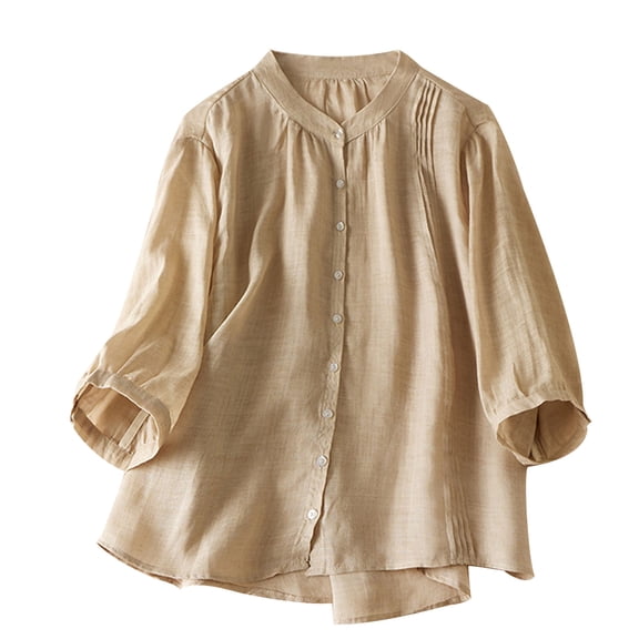 bnaln Blouses for Women Dressy Cotton Cotton Linen Solid Color Round-Neck Woman T-Shirts 3/4 Sleeve Loose Tops Button Soft Comfort Tees Vacation Clothes