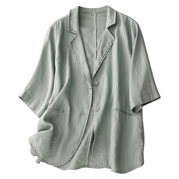 bnaln Blouses for Women Dressy Cotton Cotton Linen Solid Color Round-Neck Woman T-Shirts 3/4 Sleeve Loose Tops Button Soft Comfort Tees Vacation Clothes