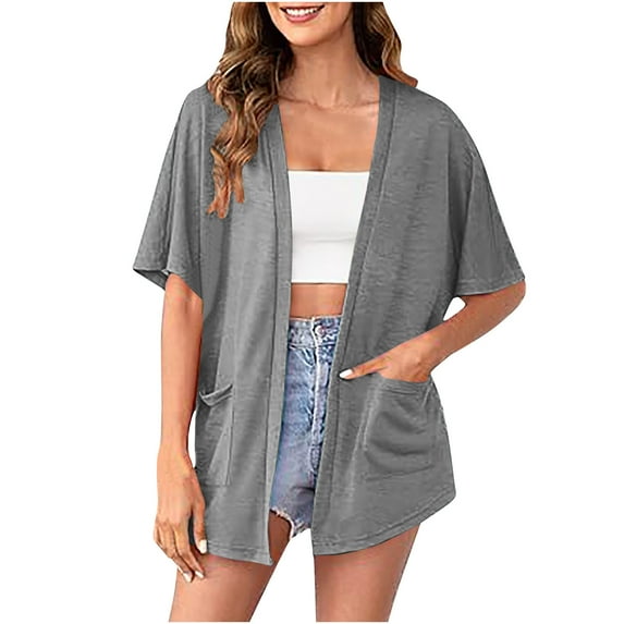 bnaln Cardigans for Women Sale Lightweight Open Front Cardigan Summer Short Sleeve Shirts Solid Loose Casual Blouse Tops Summer Vacation Outfits Flowy Beach Cover Ups with Pocket