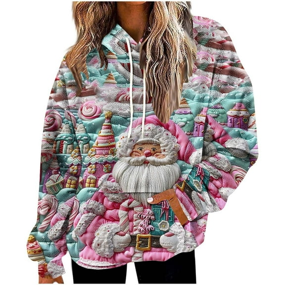 bnaln Christmas Hoodies for Women Oversized Fleece Sweatshirts Funny Christmas Printed Long Sleeve Hooded Blouses Cute Warm Fuzzy Sweaters Xmas Jumpers Plush Tops with Pockets