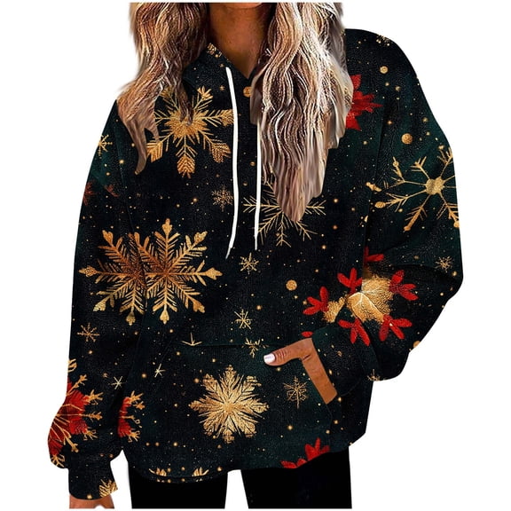 bnaln Christmas Hoodies for Women Oversized Fleece Sweatshirts Funny Christmas Printed Long Sleeve Hooded Blouses Cute Warm Fuzzy Sweaters Xmas Jumpers Plush Tops with Pockets