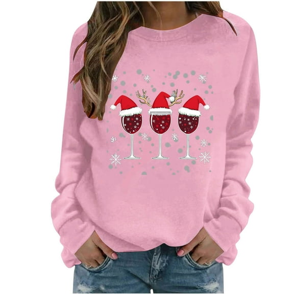 bnaln Christmas Jumpers for Women Merry Christmas Sweatshirts Long Sleeve Xmas Tops Red Wine Glasses Graphic Crewneck Casual Shirts Funny Holiday Pullover Blouse Fall Trendy Cothes