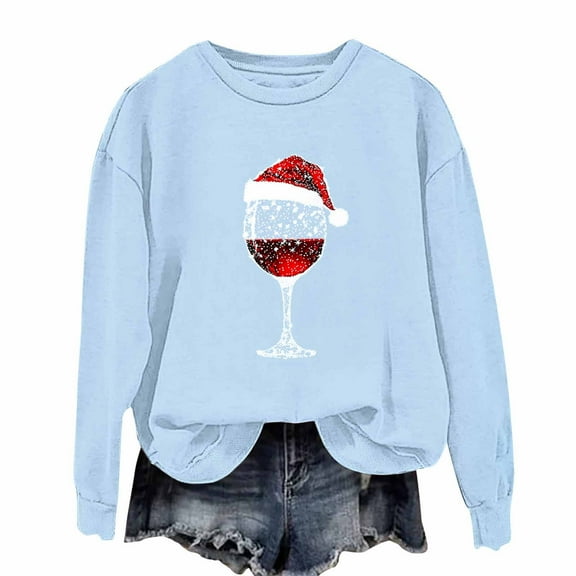 bnaln Christmas Jumpers for Womens Christmas Sweatshirts Round Neck Long Sleeve Tops Festival Shirts Xmas Red Wine Glasses Elk Printed Cute Blouses Loose Fit Pullover Streetwear