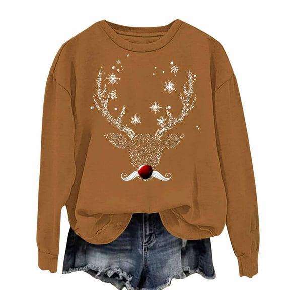 bnaln Christmas Jumpers for Womens Christmas Sweatshirts Round Neck Long Sleeve Tops Festival Shirts Xmas Red Wine Glasses Elk Printed Cute Blouses Loose Fit Pullover Streetwear