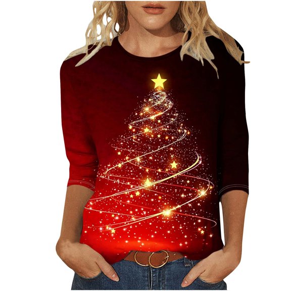 bnaln Christmas Shirts for Women 3/4 Length Sleeve Xmas Tree Snowman Print Tees Tops Crewneck Christmas Sweatshirts Dressy Casual Holiday Tunic Blouse Xmas Jumpers Party Tshirt