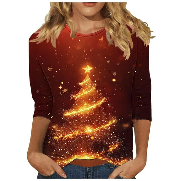 bnaln Christmas Shirts for Women 3/4 Sleeve Xmas Tree Printed Tshirts Novelty Funny Graphic Tees Crewneck Christmas Sweatshirt Loose Fit Pullover Festival Party Holiday Xmas Jumpers