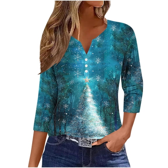 bnaln Christmas Shirts for Womens 3/4 Sleeve Christmas T-Shirts V Neck Button Down Tunic Blouses Xmas Tree Snowman Snowflake Graphic Tees Elegant Xmas Holiday Pullover Tops