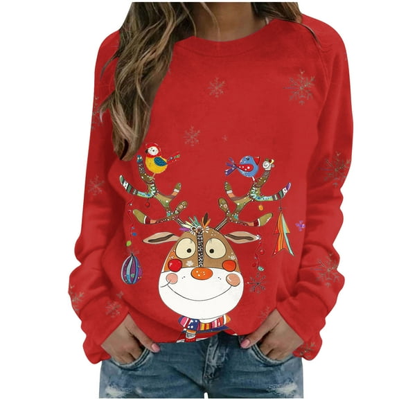 bnaln Christmas Sweatshirts for Women Christmas Jumpers Cute Elk Graphic Crewneck Sweatshirt Ladies Xmas Holiday Long Sleeve Pullover Blouse Fall Winter Trendy Clothes Loungewear