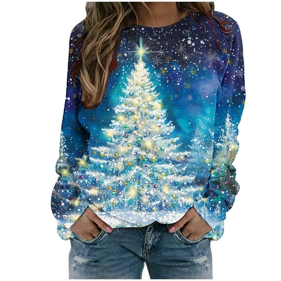 bnaln Christmas Sweatshirts for Women Christmas Tree Graphic Long Sleeve Shirts Xmas Holiday Party Pullover Blouse Ladies Xmas Jumpers Plus Size Lightweight Comfy Sweatshirt Tops