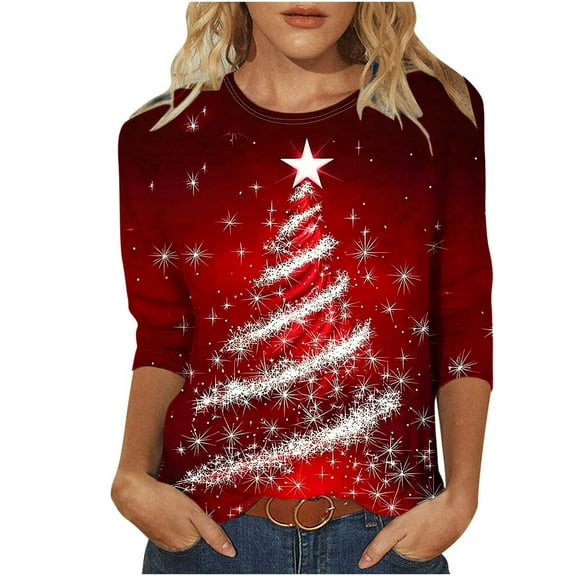 bnaln Christmas Sweatshirts for Women Christmas Tree Snowflake Printed Tshirt 3/4 Length Sleeve Round Neck Elegant Tunic Tops Funny Cute Graphic Tees Casual Xmas Shirts Holiday Blouse